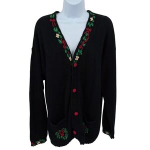 Bechamel Women's L Cardigan Sweater Black Embroidered Heart Wreath Floral Knit